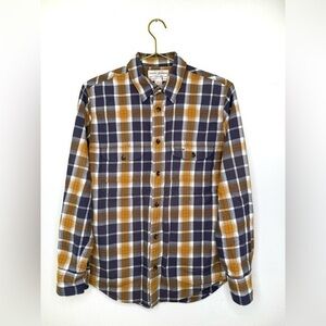 Filson Plaid Flannel Gold and Blue Casual Button Down Shirt Mens Collared
